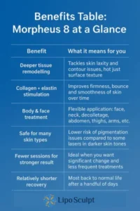 How Often Can I have Morpheus 8? 3 Table showing the benefits of Morpheus 8 treatment from Lipo Sculpt Skegness